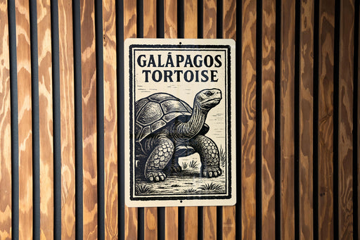 A sign with the text "GALAPAGOS TORTOISE" and an illustration of a tortoise is mounted on a wooden wall.