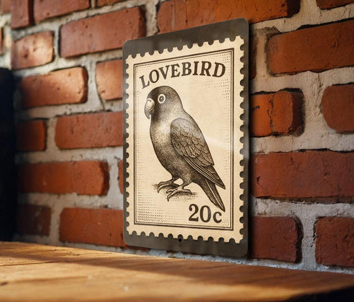 A metal sign with a postage stamp design featuring a parrot is mounted on a brick wall.
