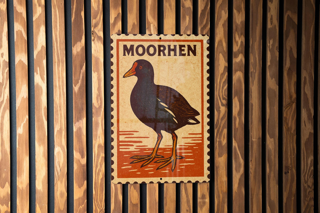 a wooden wall with a vintage-style stamp or postcard featuring a black bird, possibly a moored bird, and the word "MOORHEN" written on it.