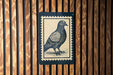A postage stamp featuring a detailed illustration of a pigeon is displayed on a wooden wall.