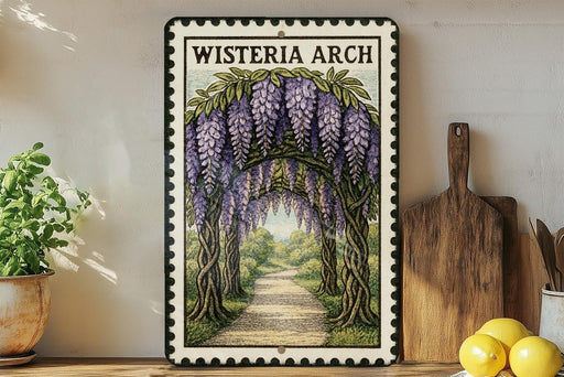 A framed illustration of a wisteria arch with purple flowers, hanging over a path, is displayed on a shelf next to a wooden cutting board and a potted plant.