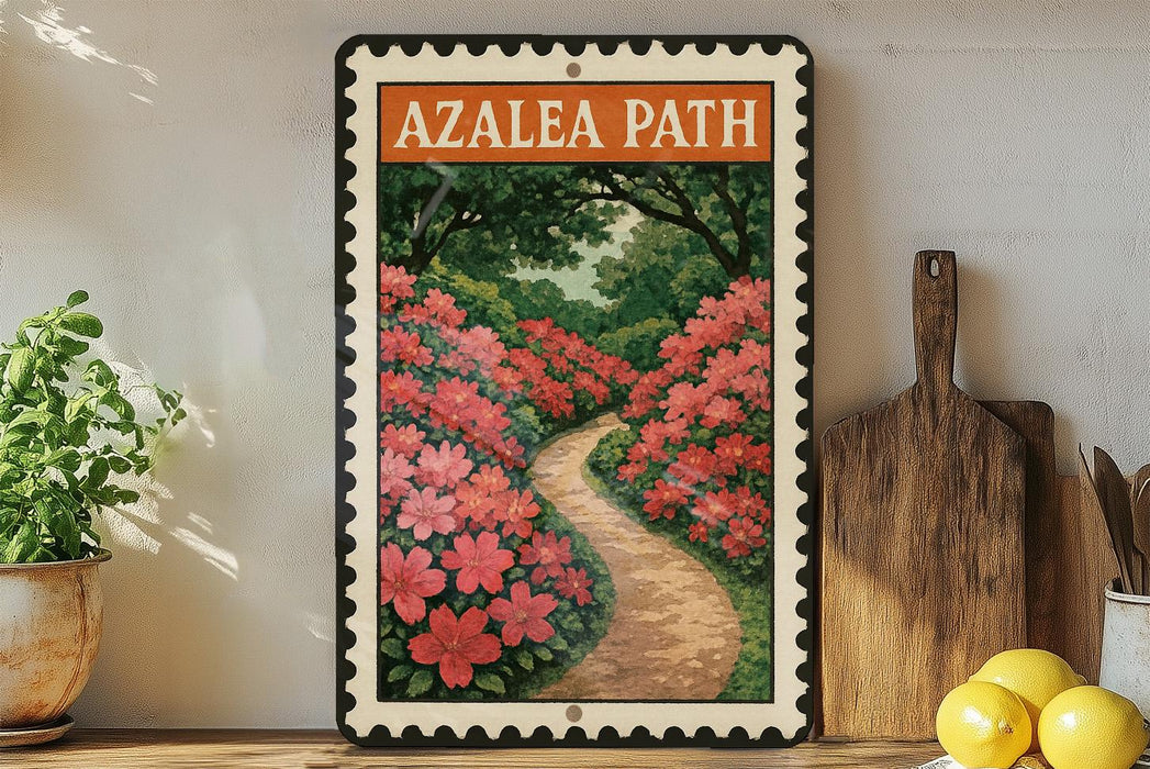 A framed poster of a garden path with red flowers is displayed on a shelf, accompanied by a wooden cutting board and a potted plant.