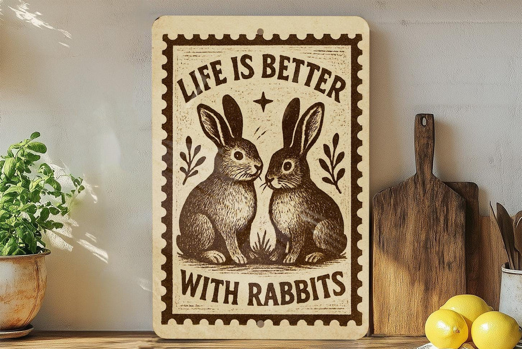a wooden sign with a rabbit illustration and the text "Life is better with rabbits" on a shelf.