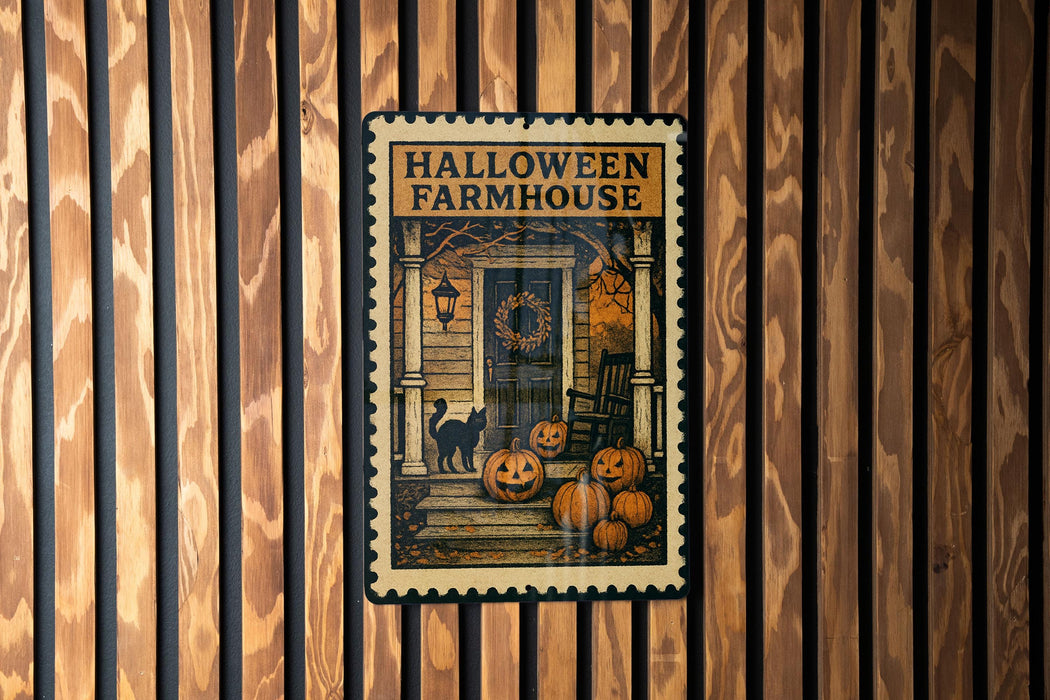 A Halloween-themed metal stamp is displayed on a wooden wall, featuring a porch with a cat, pumpkins, and a wreath.