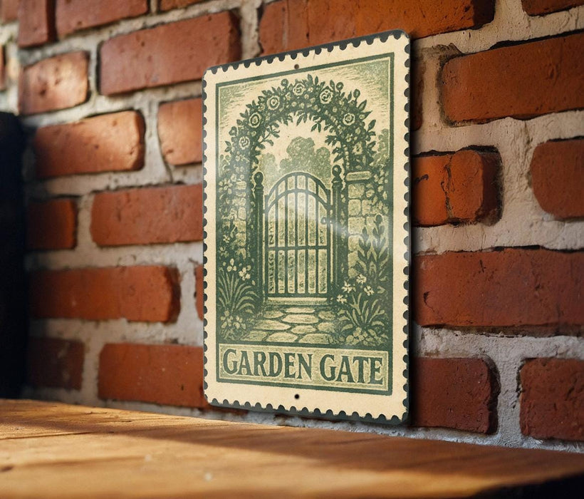 A vintage-style metal sign with a garden gate illustration is mounted on a brick wall.