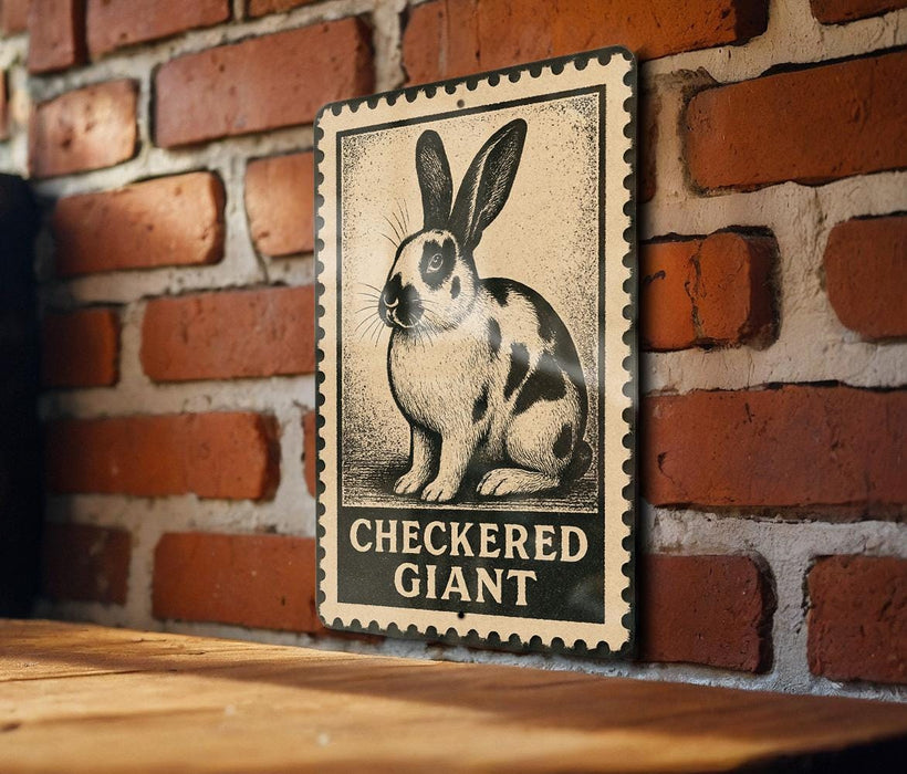 A sign featuring a rabbit on a brick wall, with the text "CHECKERED GIANT" below the image.
