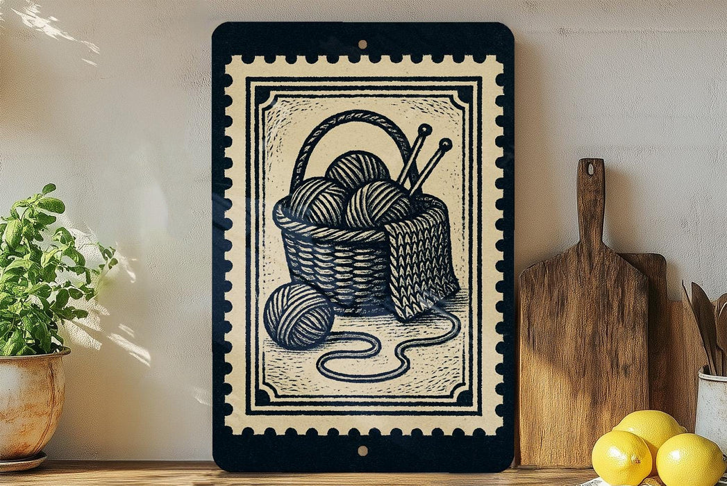 a black and white illustration of a basket filled with balls of yarn, accompanied by knitting needles, placed on a shelf next to a wooden cutting board and a potted plant.