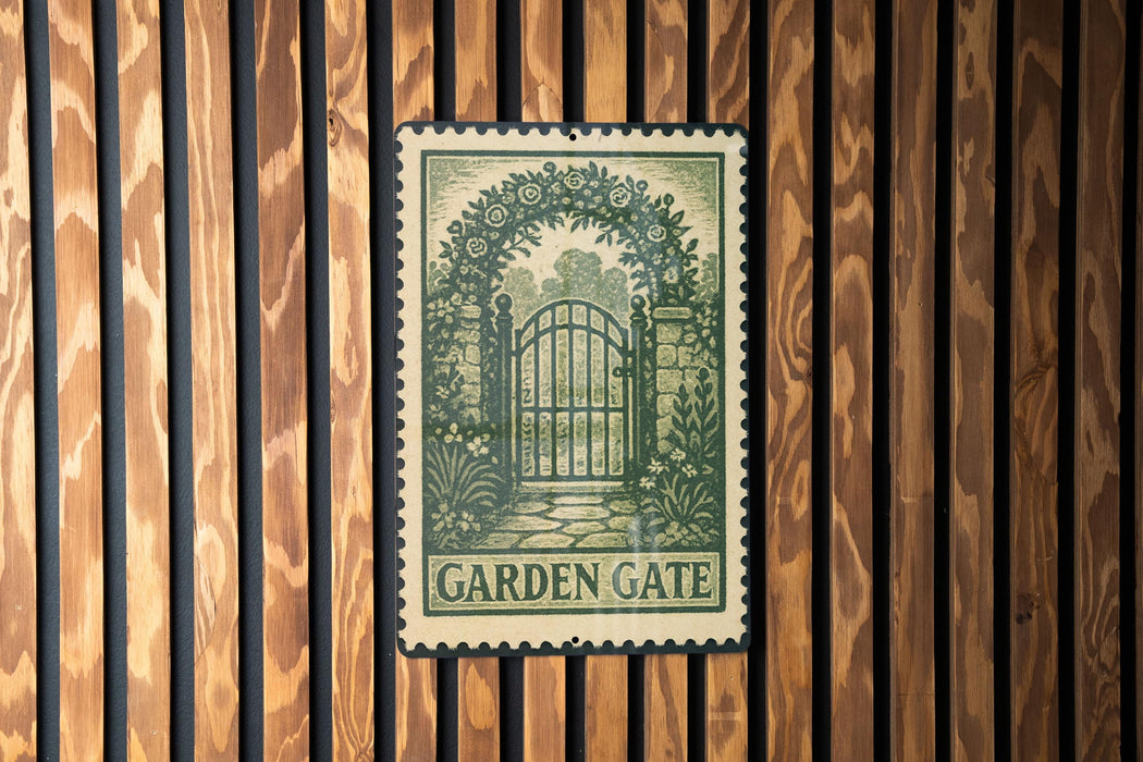 A metal sign with a garden gate design is mounted on a wooden wall.