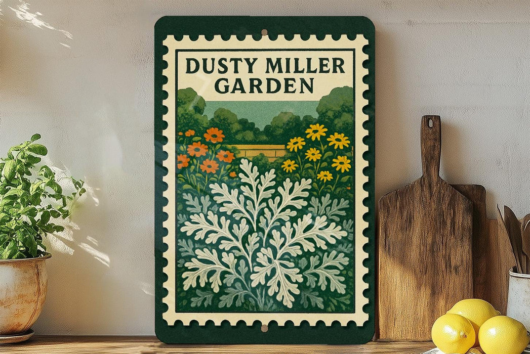 a framed poster of a garden with a variety of flowers and plants, placed on a shelf next to a wooden cutting board and some kitchen utensils.