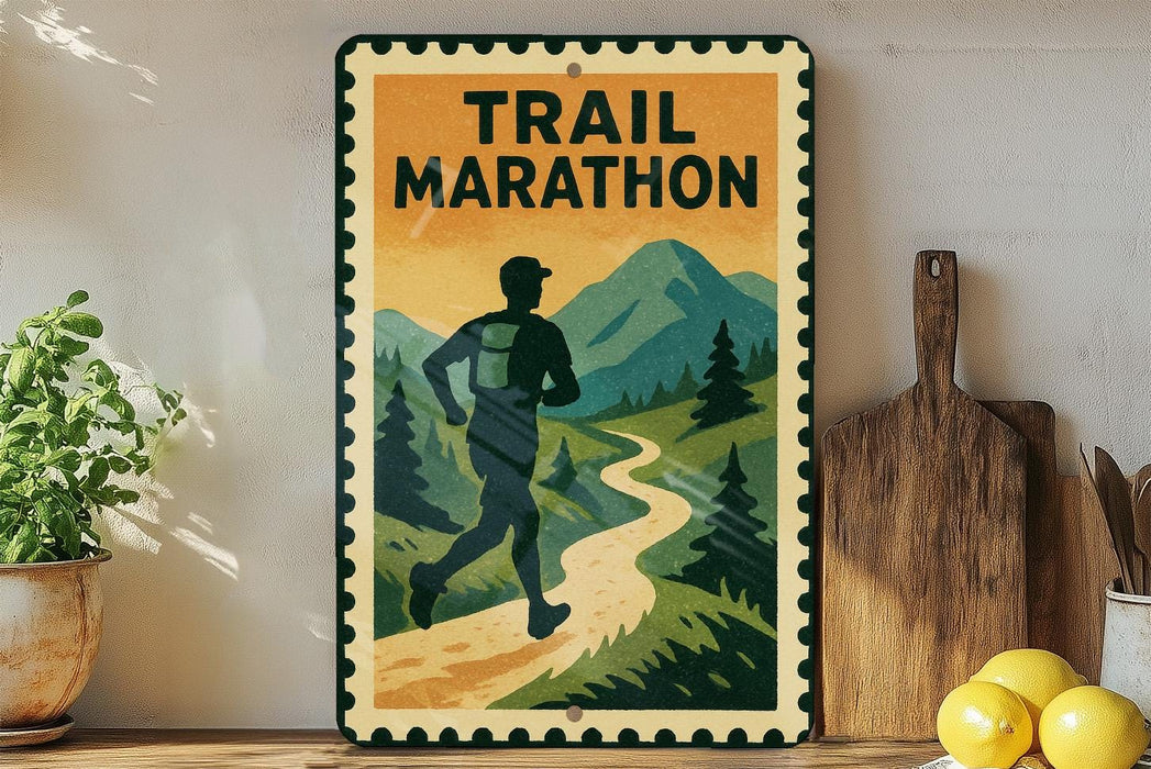 A vintage-style metal sign with a silhouette of a person running, surrounded by a mountain landscape, is displayed on a shelf next to a wooden cutting board and some lemons.