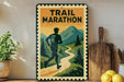 A vintage-style metal sign with a silhouette of a person running, surrounded by a mountain landscape, is displayed on a shelf next to a wooden cutting board and some lemons.