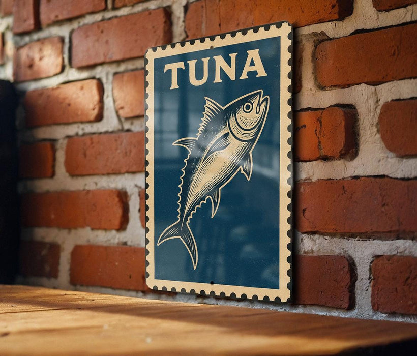 A blue sign with a fish illustration is mounted on a brick wall.