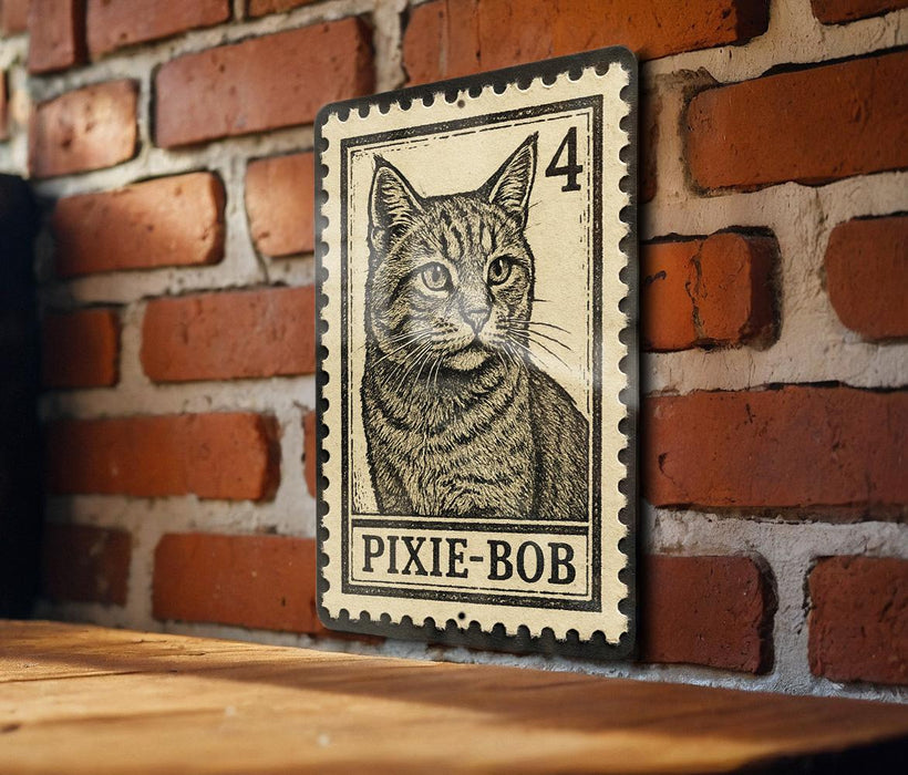 A metal sign featuring a cat illustration is mounted on a brick wall.