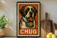 A vintage-style metal sign featuring a dog with a wooden barrel around its neck, with the word "CHUG" written below the image.