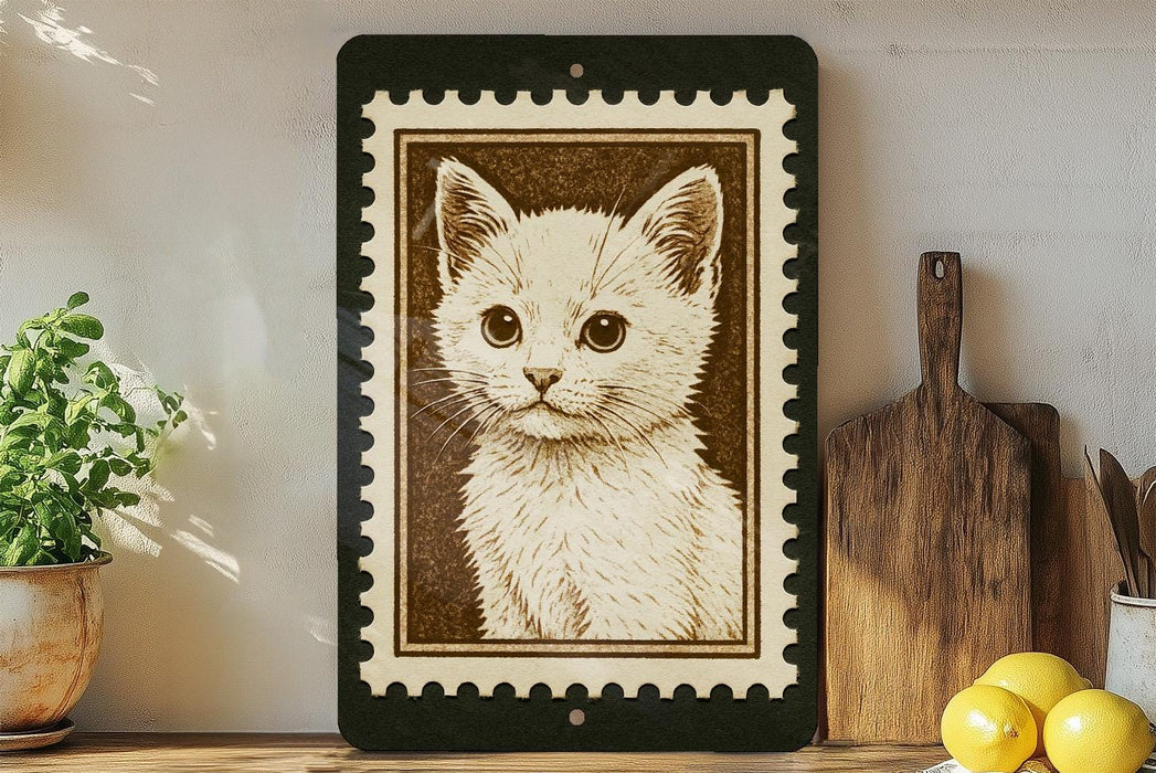 A framed image of a white kitten is displayed on a shelf, surrounded by various kitchen utensils and a potted plant.