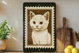 A framed image of a white kitten is displayed on a shelf, surrounded by various kitchen utensils and a potted plant.