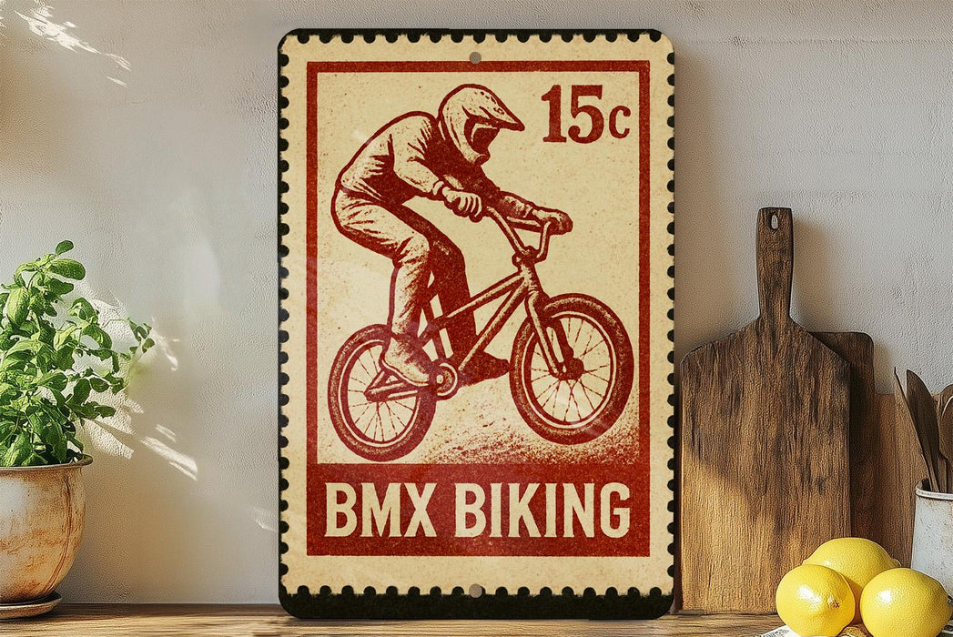 A vintage-style stamp featuring a person riding a bicycle, with the text "BMX Biking" printed on it. The stamp is placed on a wooden surface, with a potted plant, a cutting board, and some lemons nearby.
