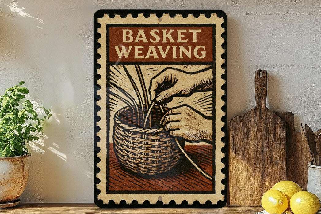 A framed illustration of a basket weaving process, with a hand holding a basket and a basket being woven. The text "Basket Weaving" is displayed above the illustration.