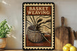 A framed illustration of a basket weaving process, with a hand holding a basket and a basket being woven. The text "Basket Weaving" is displayed above the illustration.