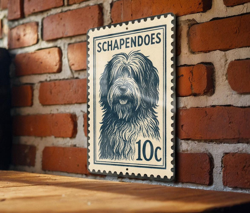 A metal sign featuring a dog's face on a brick wall.
