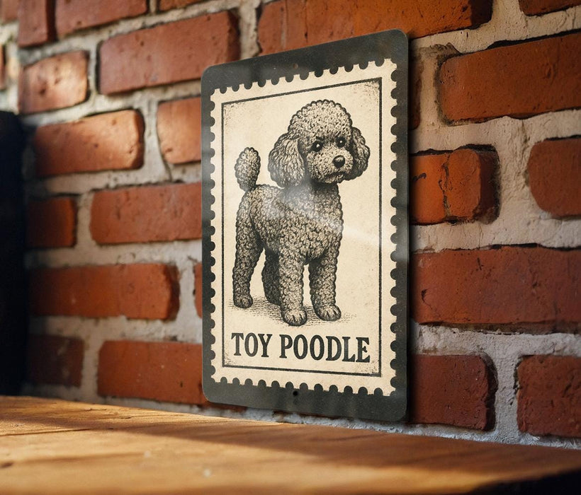 A metal sign featuring a poodle illustration is mounted on a brick wall.