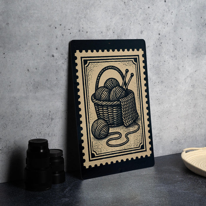a framed illustration of a basket filled with yarn and knitting needles, placed on a table next to a stack of black camera lenses.