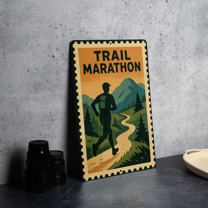 A metal sign with a silhouette of a person running and the text "TRAIL MARATHON" is displayed on a table.