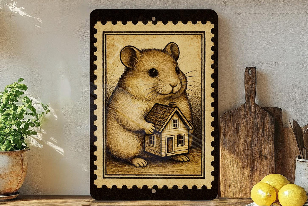 a small wooden house with a hamster holding it, set against a backdrop of a potted plant and a wooden cutting board.
