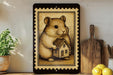a small wooden house with a hamster holding it, set against a backdrop of a potted plant and a wooden cutting board.