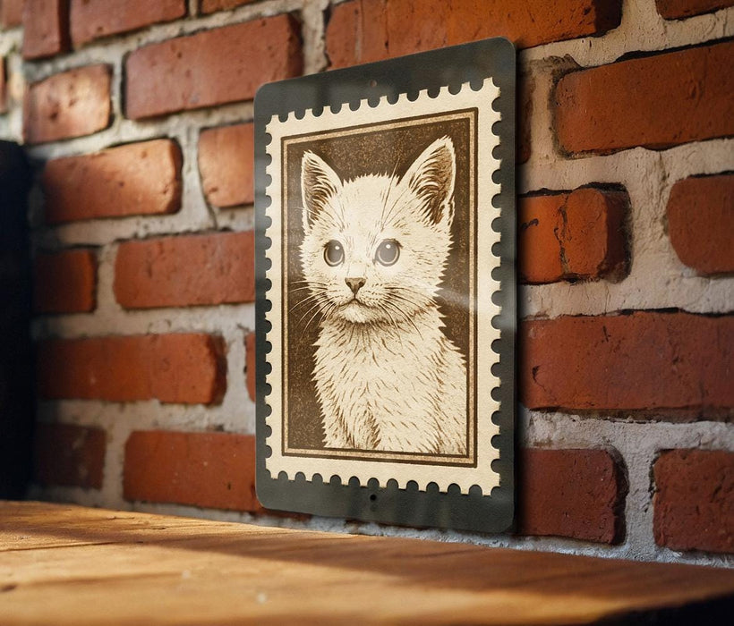 A framed image of a white kitten is hanging on a brick wall.
