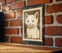 A framed image of a white kitten is hanging on a brick wall.