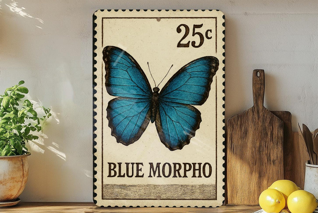 A framed image of a blue butterfly, with the text "BLUE MORPHO" below it, is displayed on a shelf next to a wooden cutting board and a potted plant.