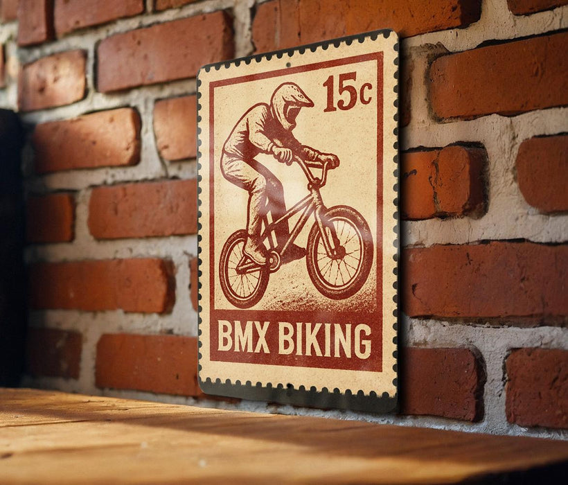 A vintage-style stamp featuring a person riding a bicycle, mounted on a brick wall.