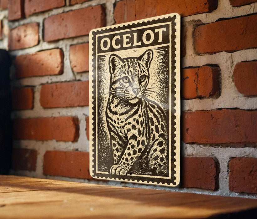 A wooden table with a metal plate featuring a black and white illustration of a cat, mounted on a brick wall.