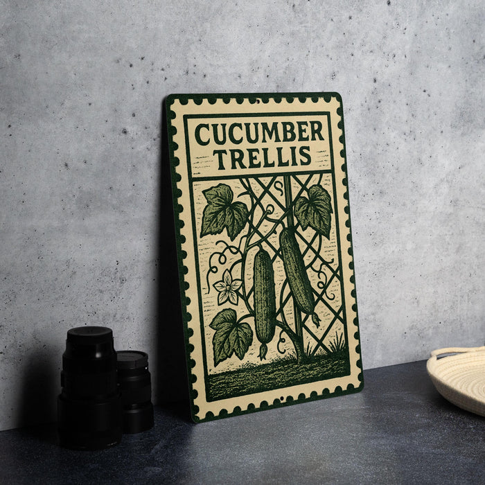 a metal sign with the text "CUCUMBER TRELLIS" and an illustration of cucumbers on a wall.