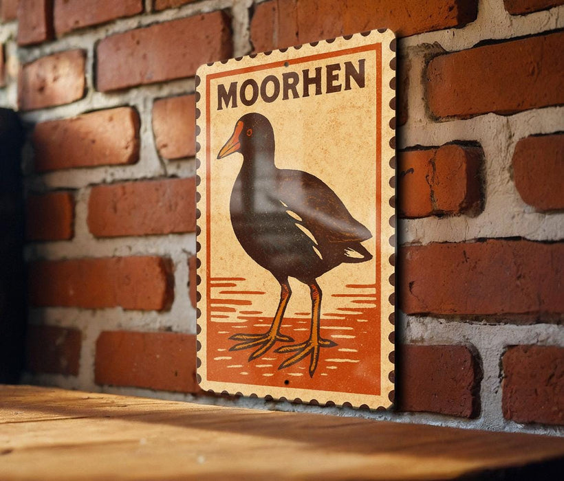a vintage-style sign with a bird illustration, mounted on a brick wall.