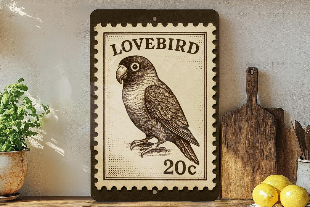 A framed stamp-like artwork depicting a parrot, with the text "LOVEBIRD 20c" printed on it, is displayed on a shelf next to a potted plant and kitchen utensils.