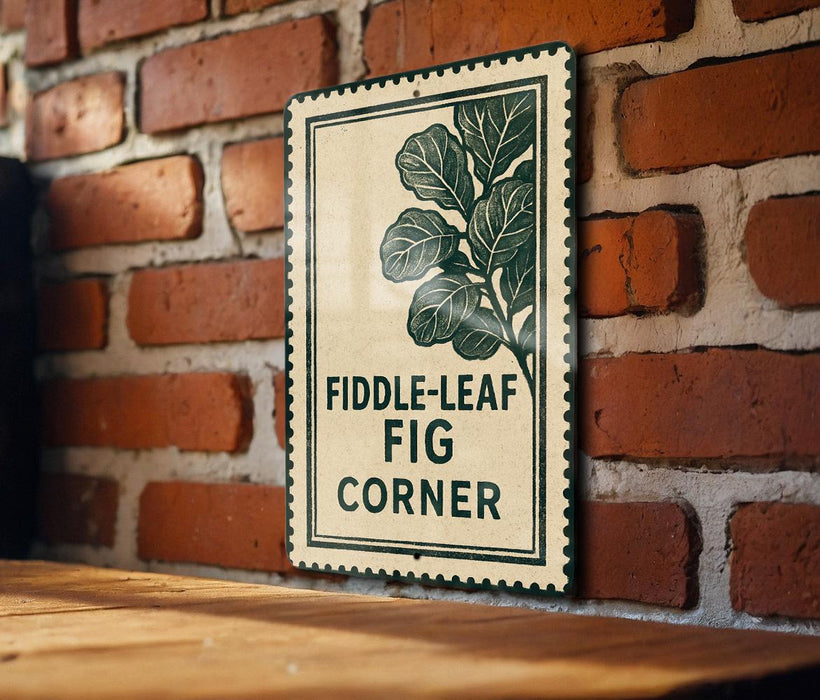 a sign with the text "FIDDLE-LEAF FIG CORNER" on a brick wall.