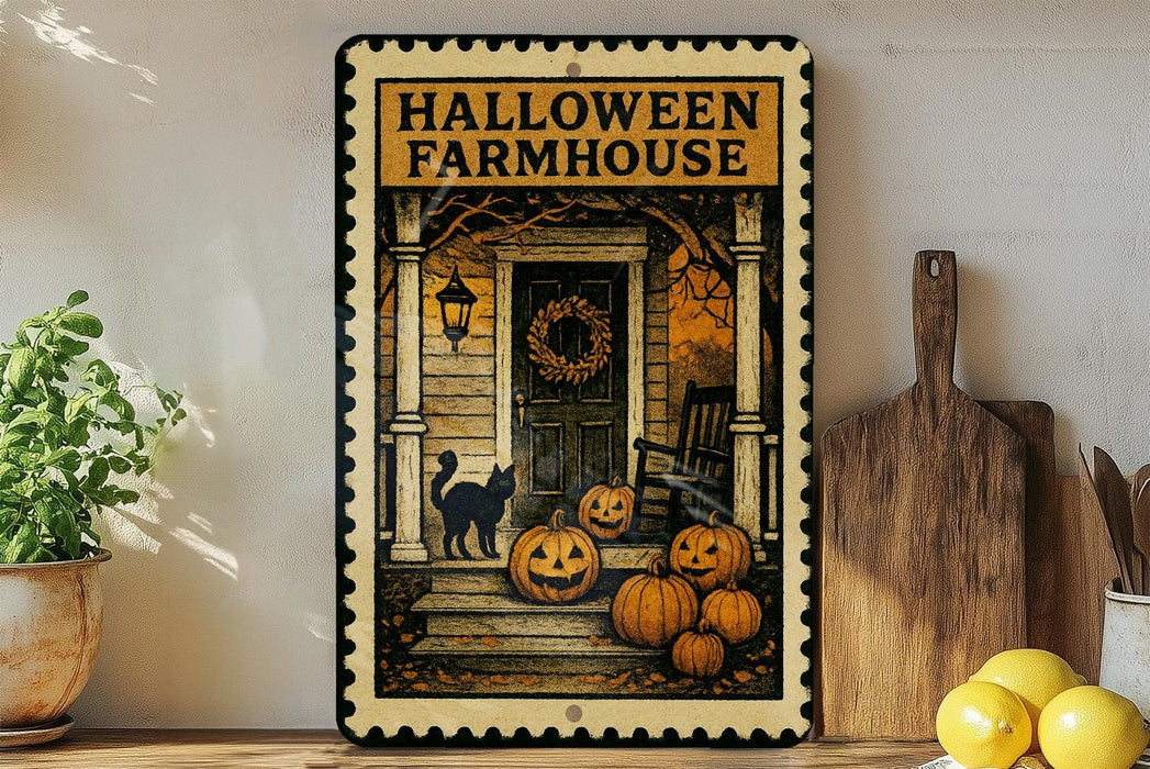 A Halloween-themed metal sign with a porch, pumpkins, and a cat, displayed on a shelf next to a wooden cutting board and a potted plant.