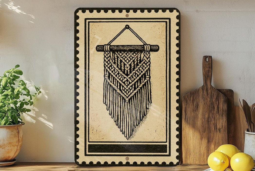 a framed artwork depicting a decorative macrame design hanging on a wall, with a wooden cutting board and a potted plant nearby.