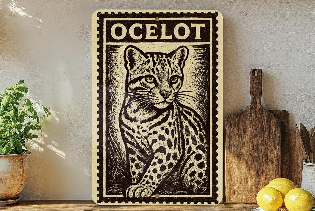 a framed print of a leopard, with a wooden cutting board and a potted plant in the background.