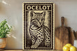 a framed print of a leopard, with a wooden cutting board and a potted plant in the background.
