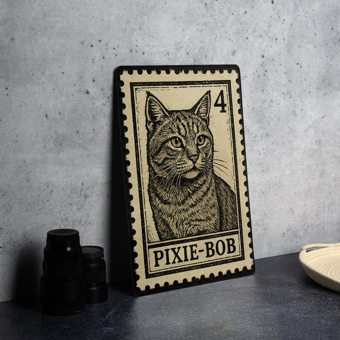A framed stamp-like artwork depicting a cat, with the text "PIXIE-BOB" printed on it.