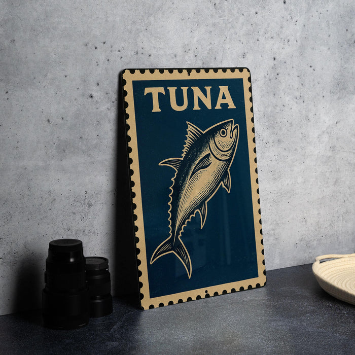 a blue and gold sign with the word "Tuna" on it, placed on a countertop next to some black containers.