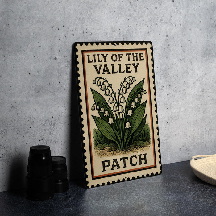 A vintage-style metal sign with the text "Lily of the Valley Patch" and an illustration of lily of the valley flowers.