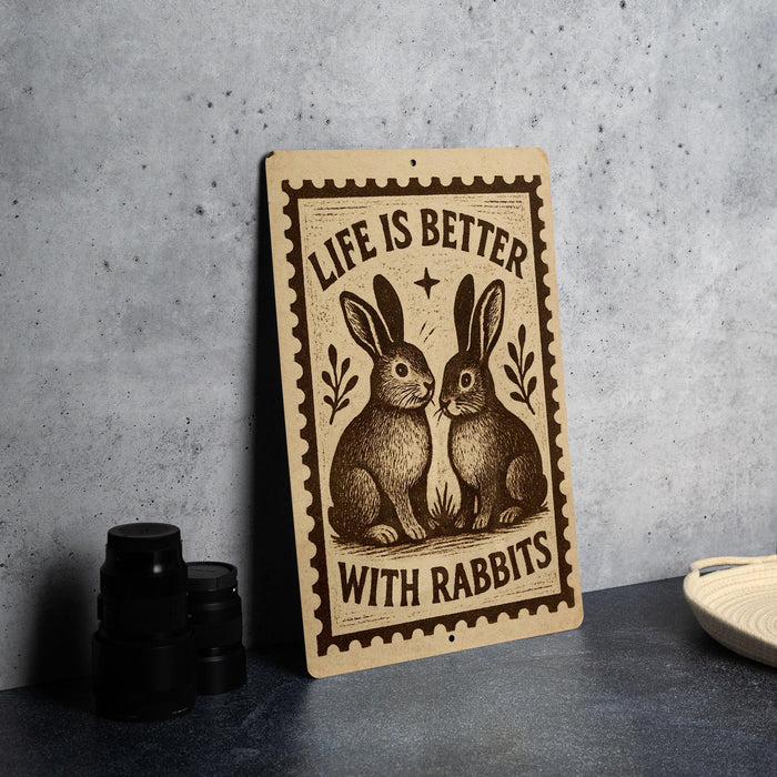 a sign with the text "LIFE IS BETTER WITH RABBITS" and an illustration of two rabbits.