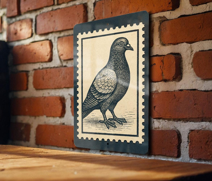 A black and white illustration of a pigeon is displayed on a brick wall, mounted on a wooden surface.