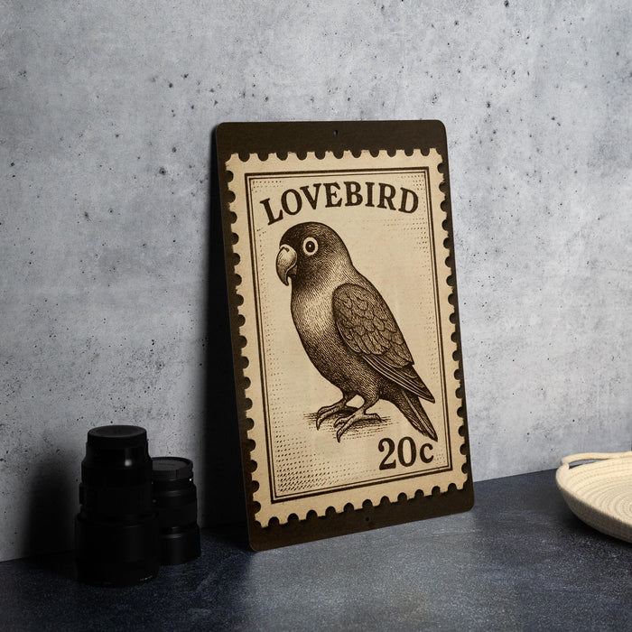 A wooden sign with a postage stamp design featuring a parrot, placed on a table next to some black camera lenses.