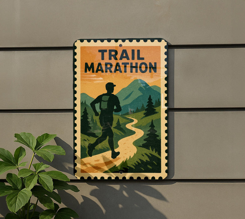A sign for a trail marathon, featuring a silhouette of a runner against a mountain landscape.