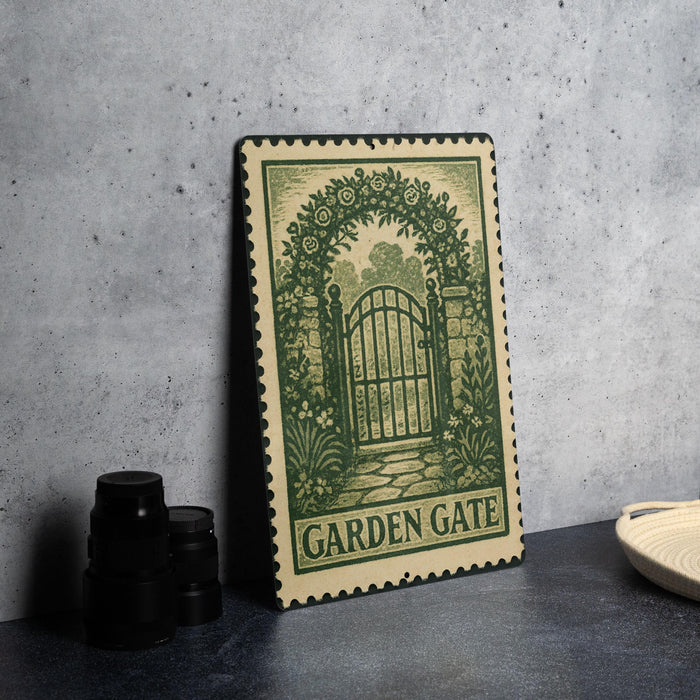 A metal sign with a garden gate design, placed on a table next to some black camera lenses.